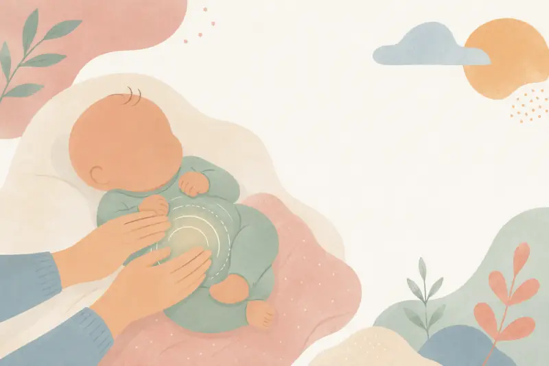 Ilustração de mãos acolhendo a barriga de um bebê deitado — cólicas do bebê
