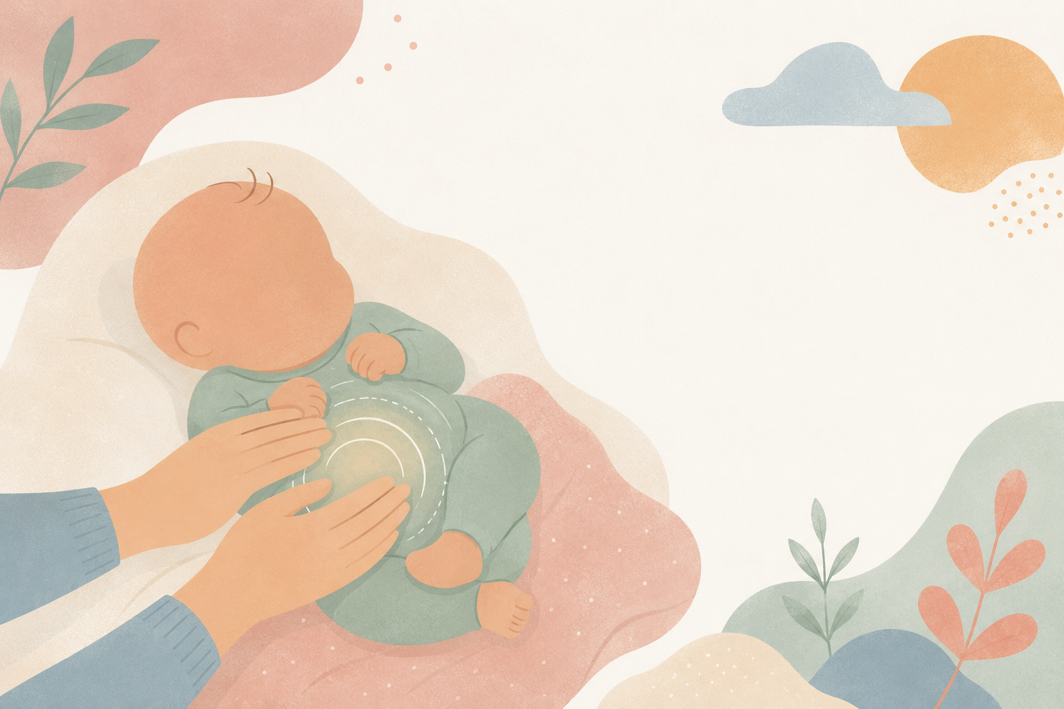 Ilustração de mãos acolhendo carinhosamente a barriga de um bebê deitado, representando o alívio das cólicas do bebê