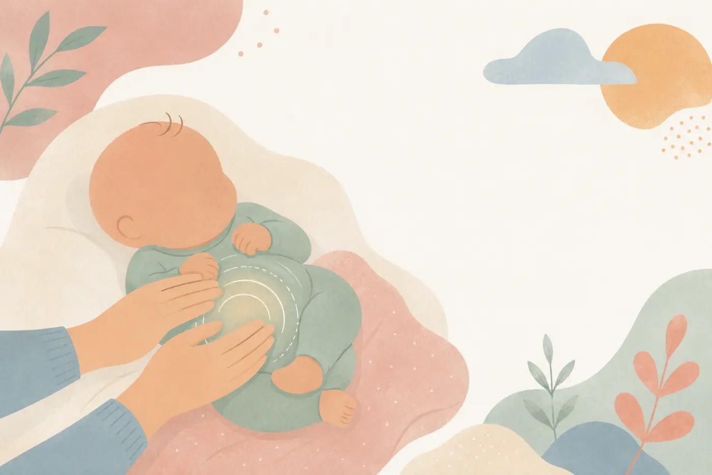 Ilustração de mãos acolhendo carinhosamente a barriga de um bebê deitado, representando o alívio das cólicas do bebê