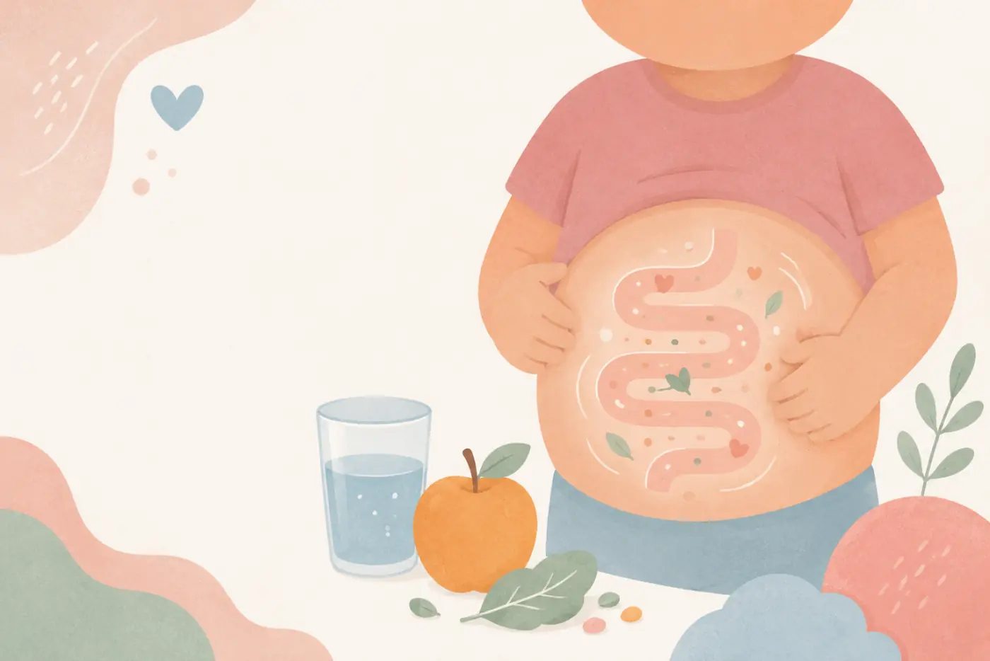 Ilustração de uma criança segurando a barriguinha, com o intestino desenhado, ao lado de um copo de água e uma maçã, representando a constipação intestinal na criança