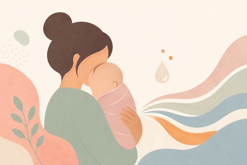 Ilustração de mãe segurando o bebê no colo — refluxo em bebês