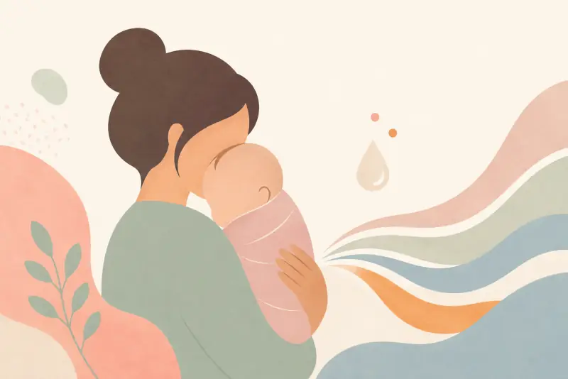Ilustração de mãe segurando o bebê no colo — refluxo em bebês