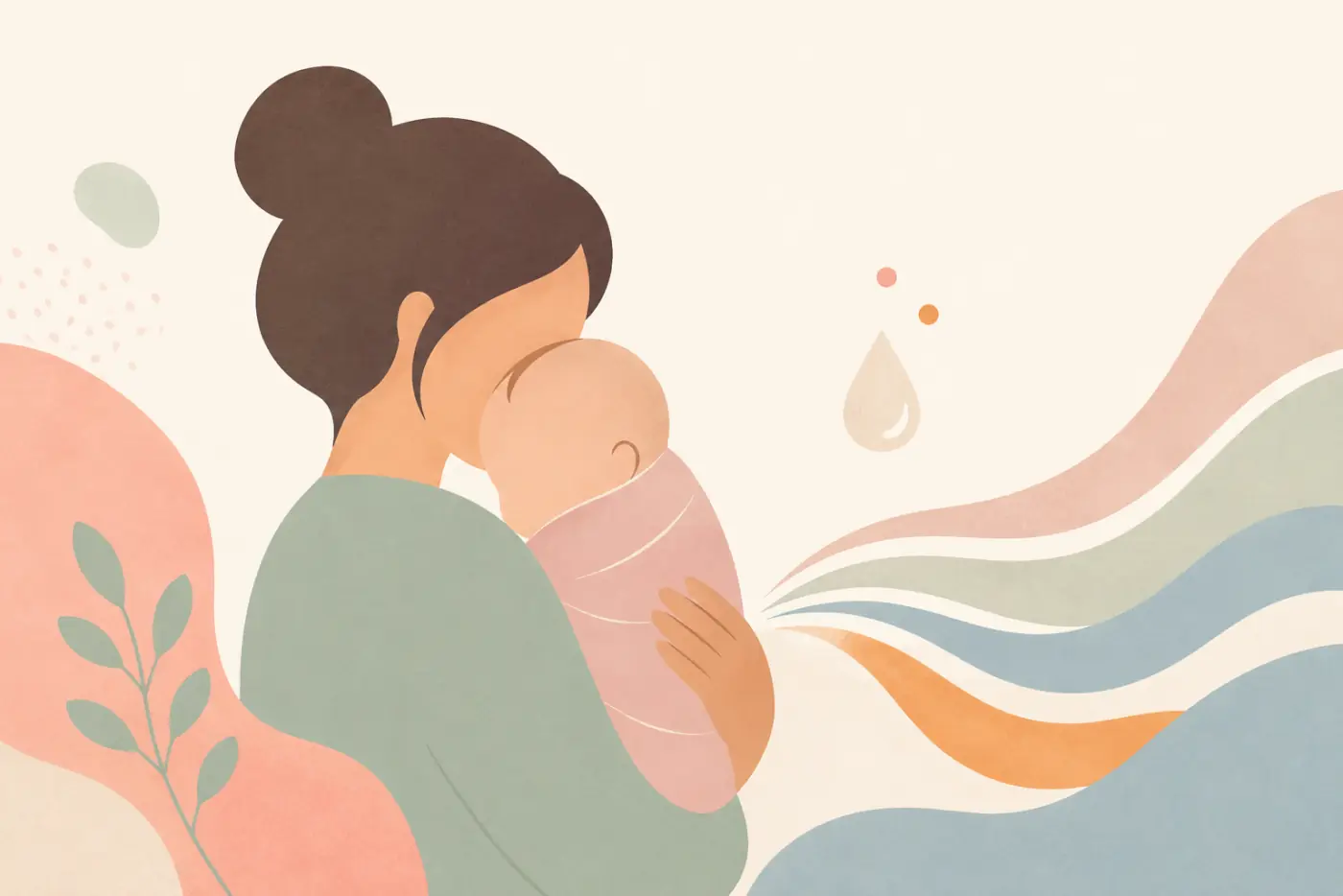 Ilustração de uma mãe segurando o bebê no colo, com ondas suaves e uma gota de leite ao lado, representando o refluxo em bebês